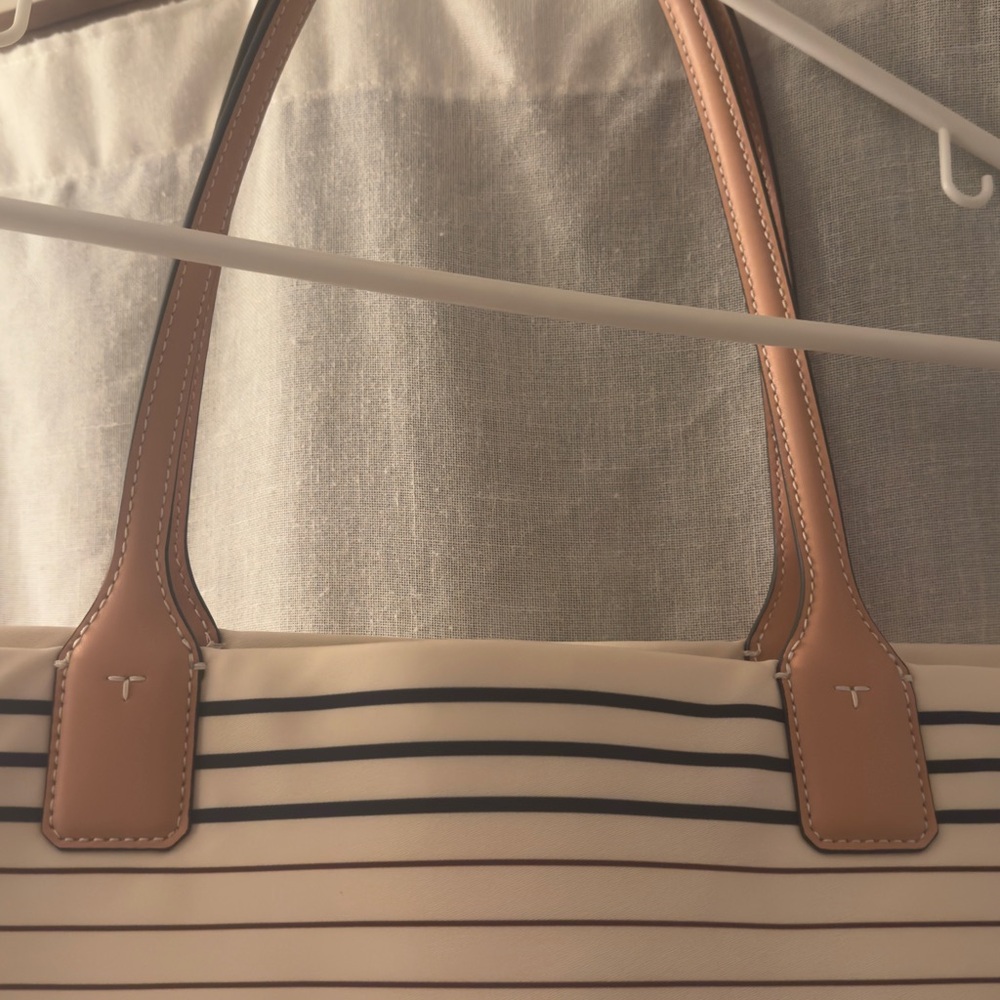 Tory Burch Striped Tan and Cream Ella Tote Bag Large - Picture 9 of 16